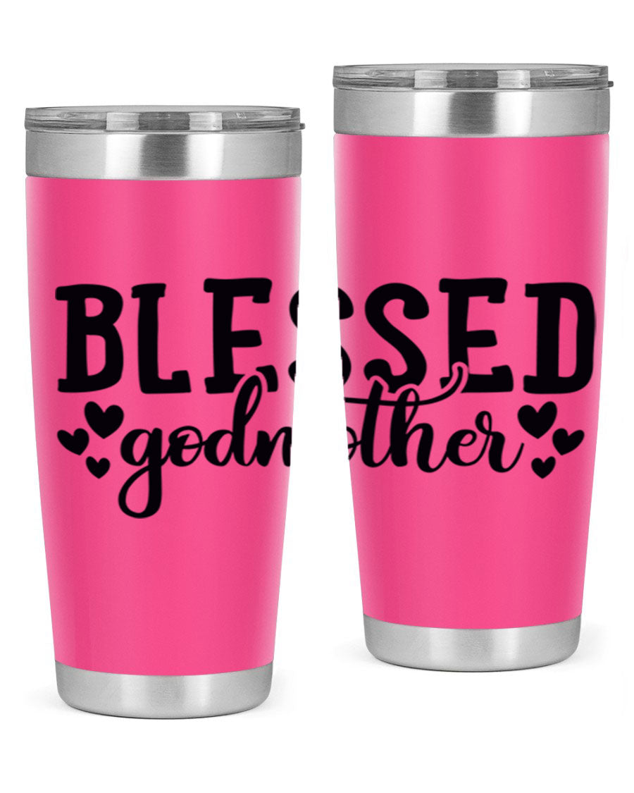 Blessed Godmother tumbler featuring double wall vacuum stainless steel, designed for hot and cold beverages, with a stylish print.