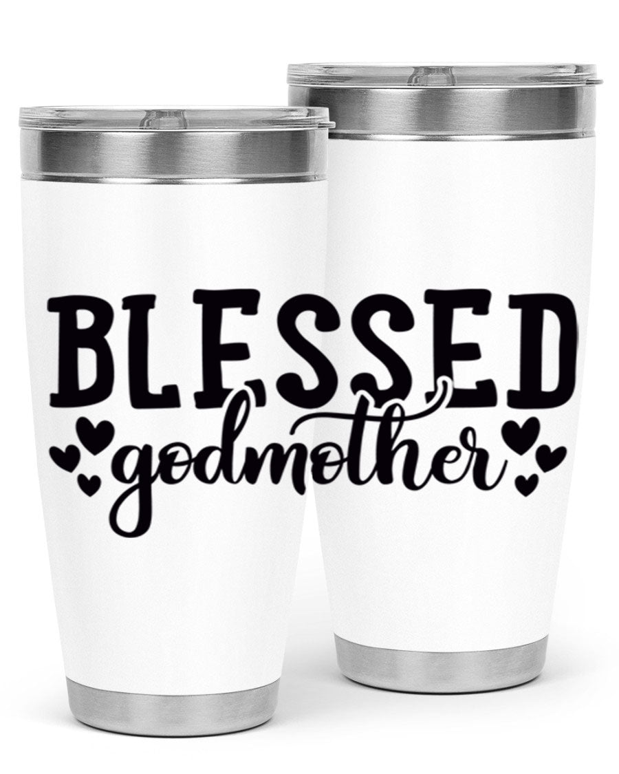 Blessed Godmother tumbler featuring double wall vacuum stainless steel, designed for hot and cold beverages, with a stylish print.