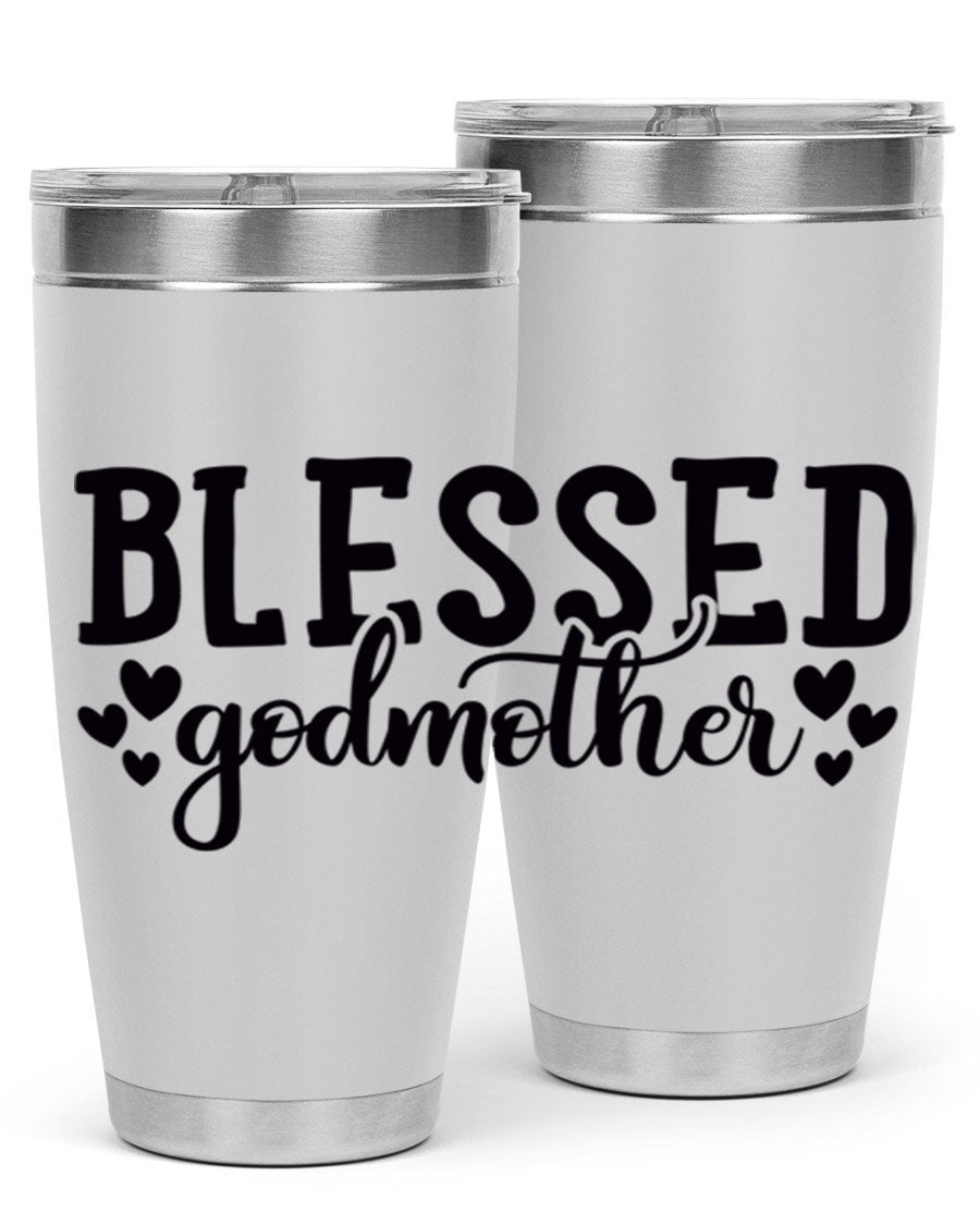 Blessed Godmother tumbler featuring double wall vacuum stainless steel, designed for hot and cold beverages, with a stylish print.