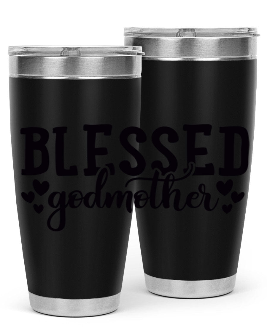 Blessed Godmother tumbler featuring double wall vacuum stainless steel, designed for hot and cold beverages, with a stylish print.