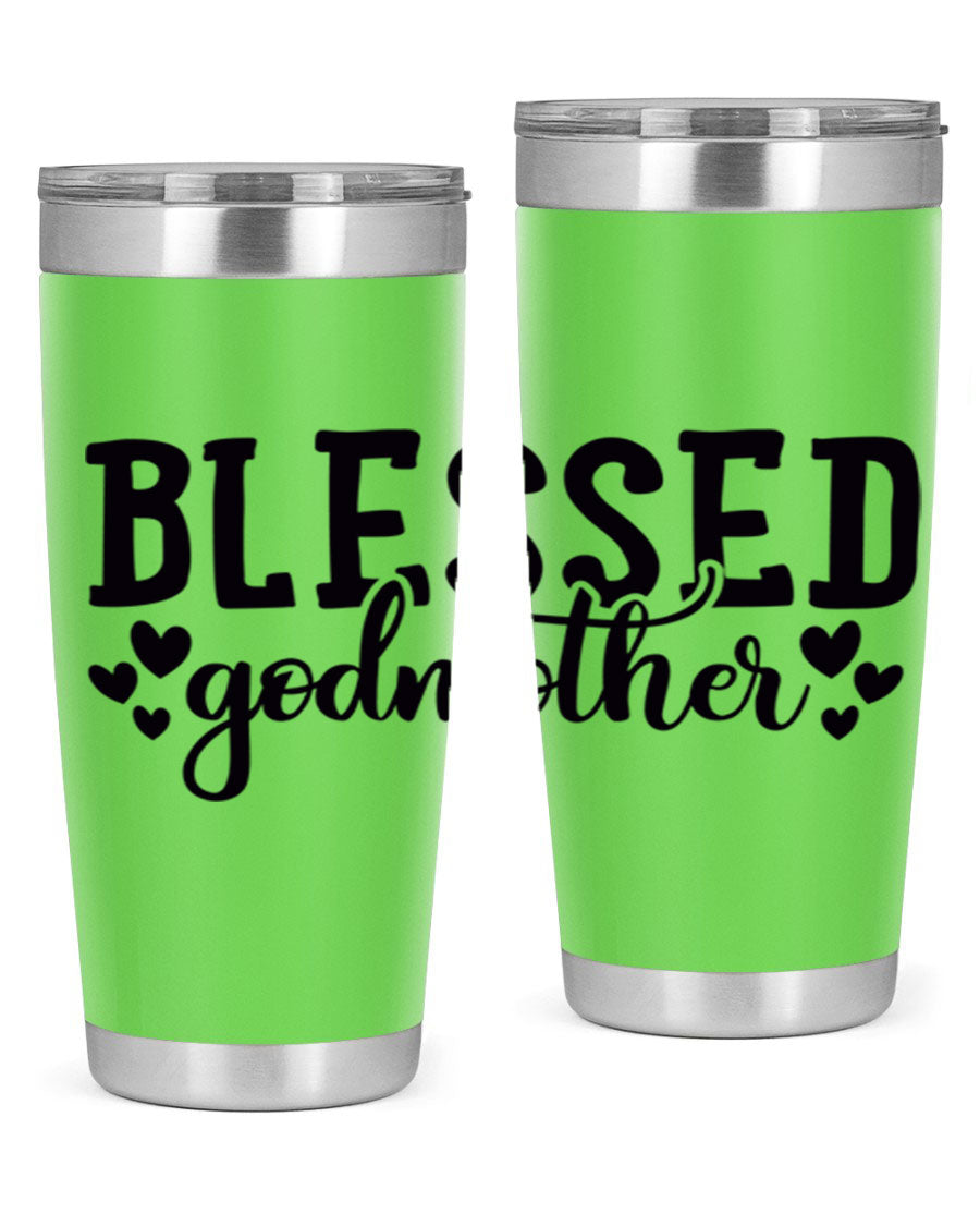 Blessed Godmother tumbler featuring double wall vacuum stainless steel, designed for hot and cold beverages, with a stylish print.