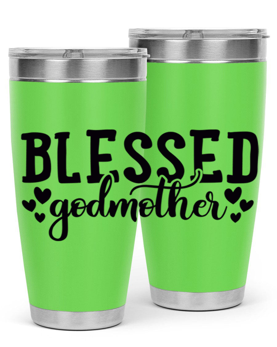 Blessed Godmother tumbler featuring double wall vacuum stainless steel, designed for hot and cold beverages, with a stylish print.