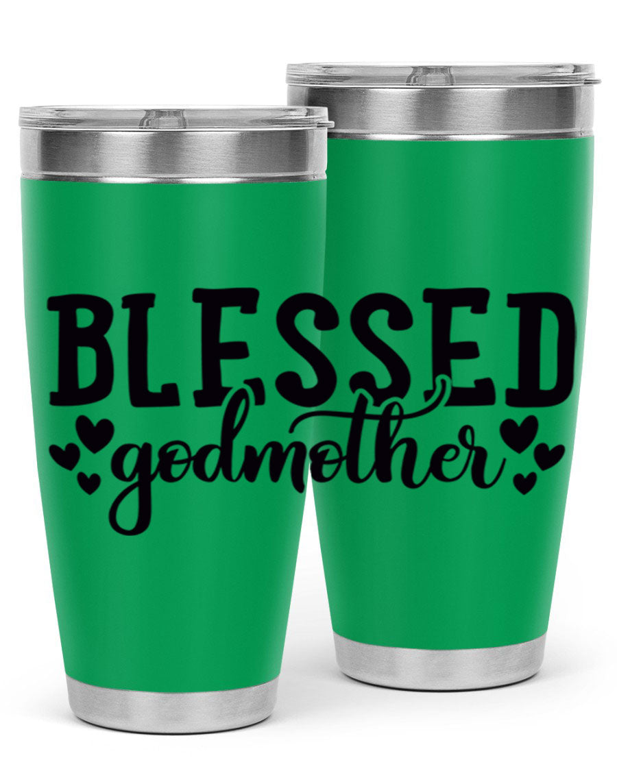 Blessed Godmother tumbler featuring double wall vacuum stainless steel, designed for hot and cold beverages, with a stylish print.