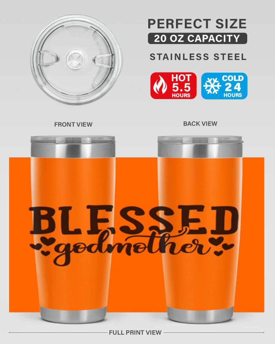 Blessed Godmother tumbler featuring double wall vacuum stainless steel, designed for hot and cold beverages, with a stylish print.