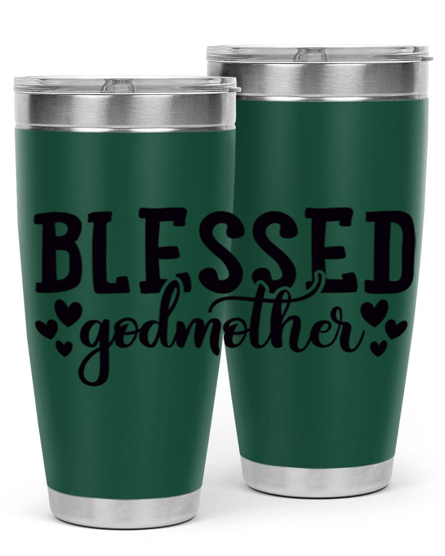 Blessed Godmother tumbler featuring double wall vacuum stainless steel, designed for hot and cold beverages, with a stylish print.