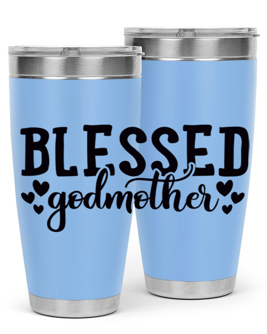 Blessed Godmother tumbler featuring double wall vacuum stainless steel, designed for hot and cold beverages, with a stylish print.