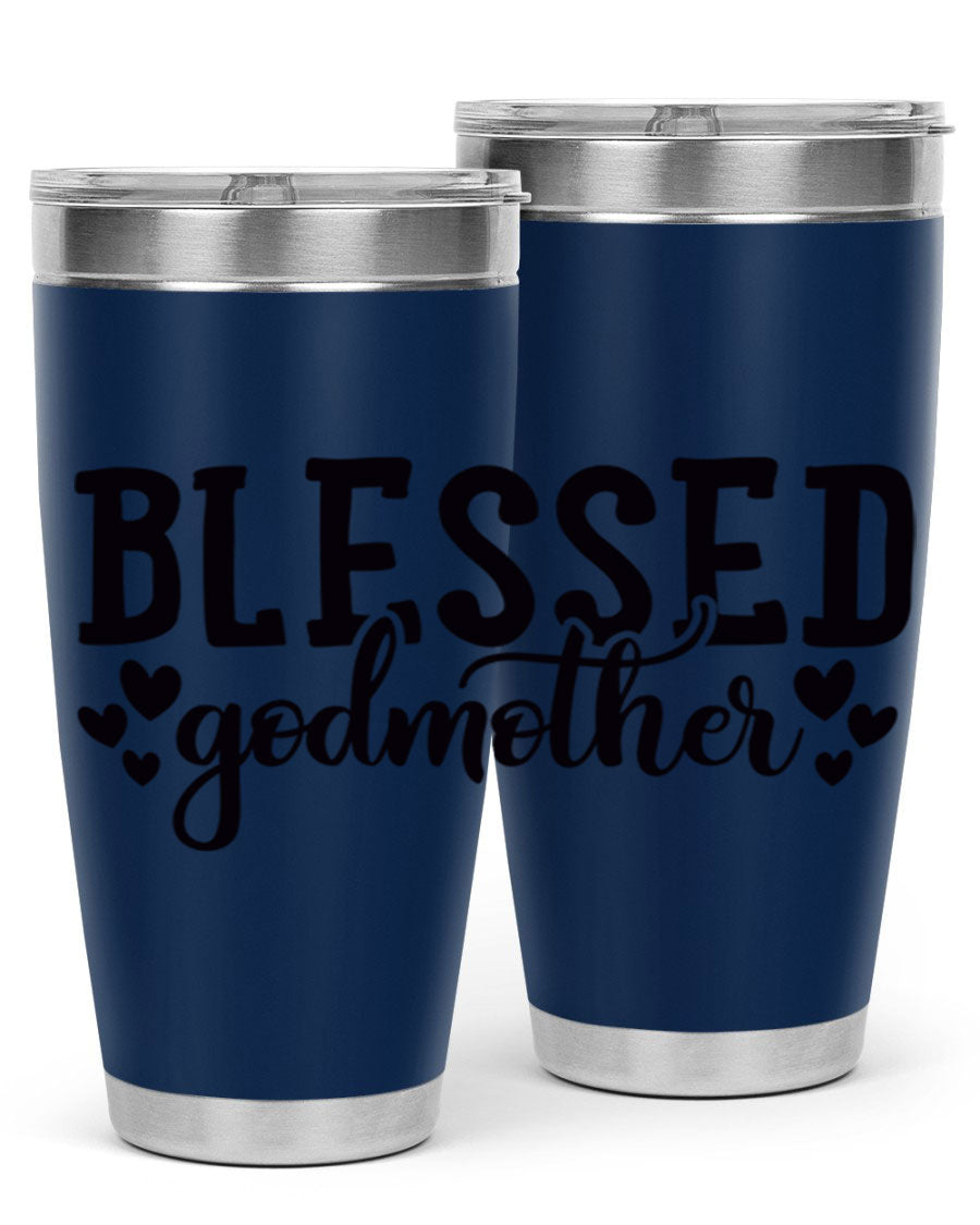 Blessed Godmother tumbler featuring double wall vacuum stainless steel, designed for hot and cold beverages, with a stylish print.