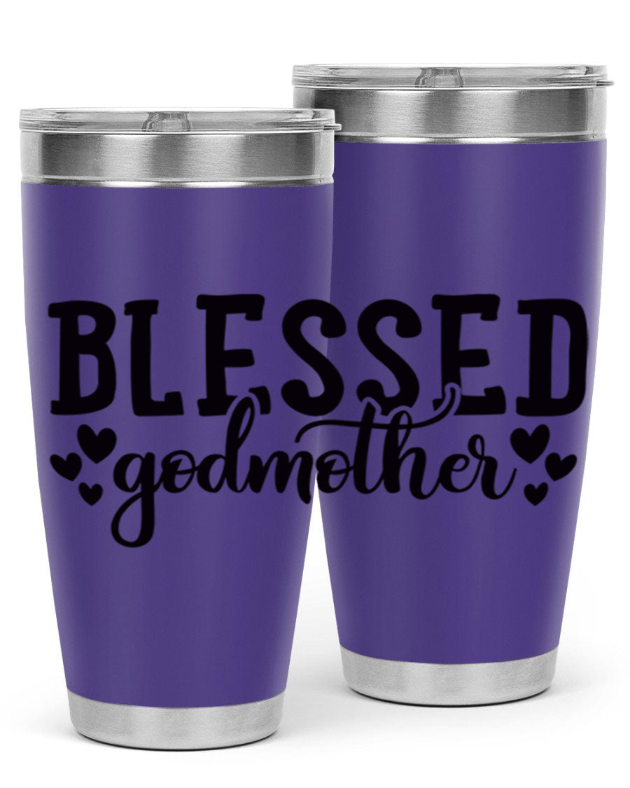 Blessed Godmother tumbler featuring double wall vacuum stainless steel, designed for hot and cold beverages, with a stylish print.