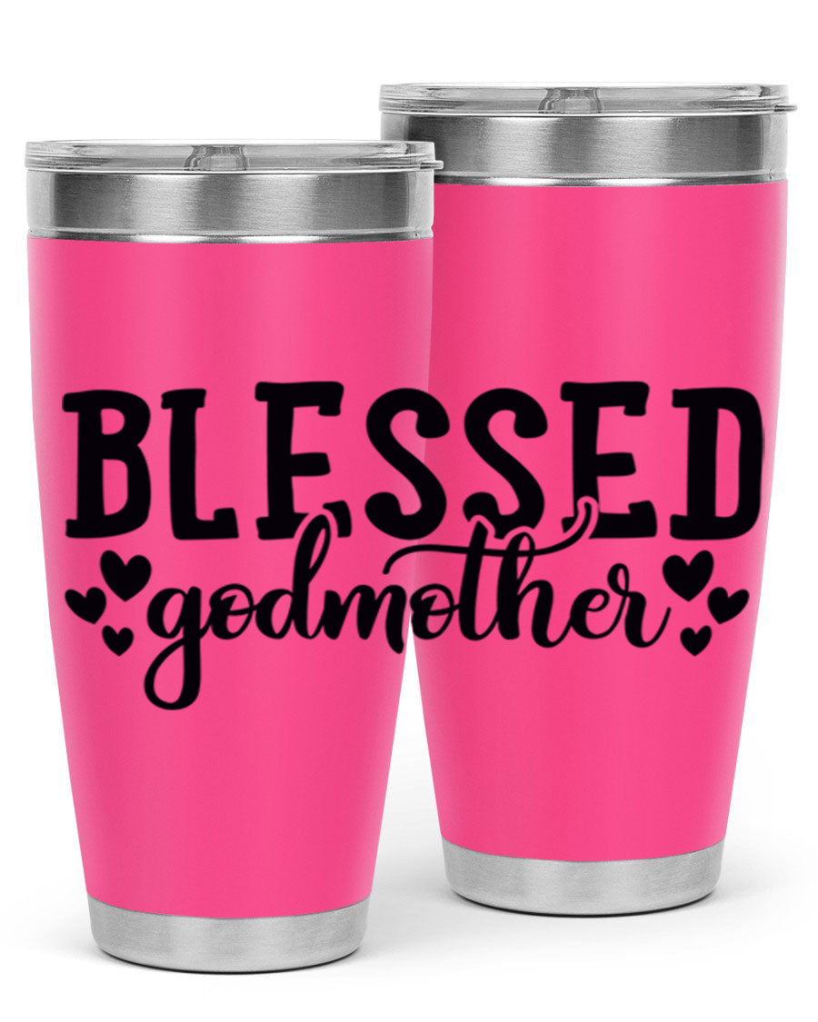 Blessed Godmother tumbler featuring double wall vacuum stainless steel, designed for hot and cold beverages, with a stylish print.