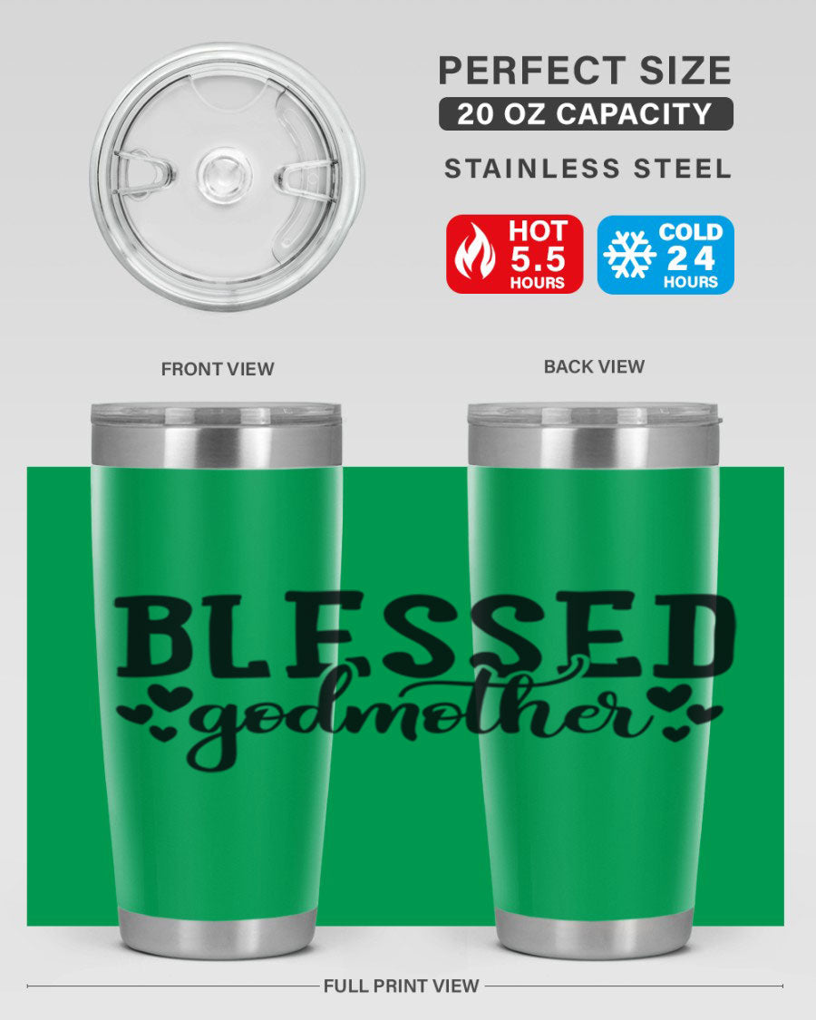 Blessed Godmother tumbler featuring double wall vacuum stainless steel, designed for hot and cold beverages, with a stylish print.