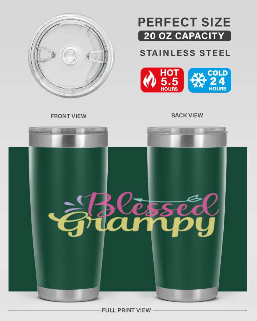 Blessed Grampy 20oz and 30oz tumblers featuring double wall vacuum stainless steel with copper lining, perfect for keeping drinks hot or cold.