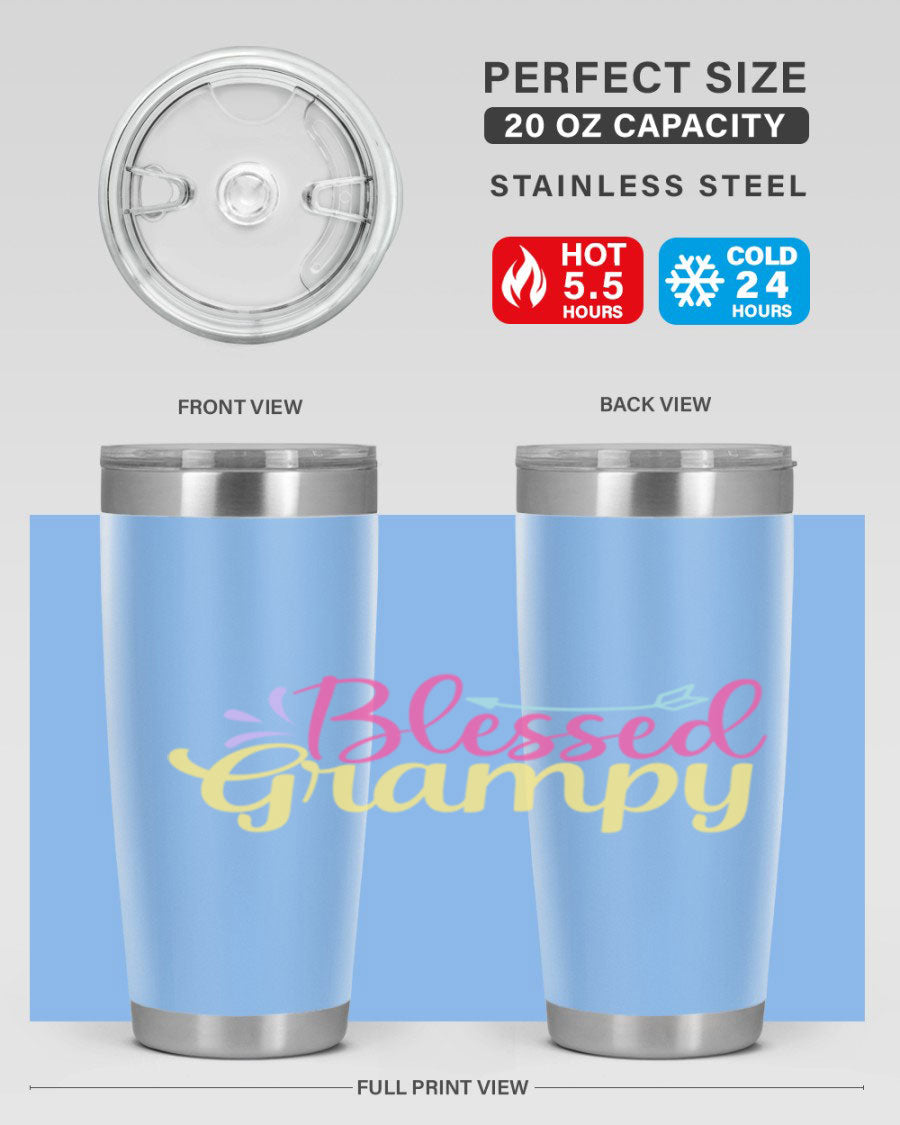 Blessed Grampy 20oz and 30oz tumblers featuring double wall vacuum stainless steel with copper lining, perfect for keeping drinks hot or cold.