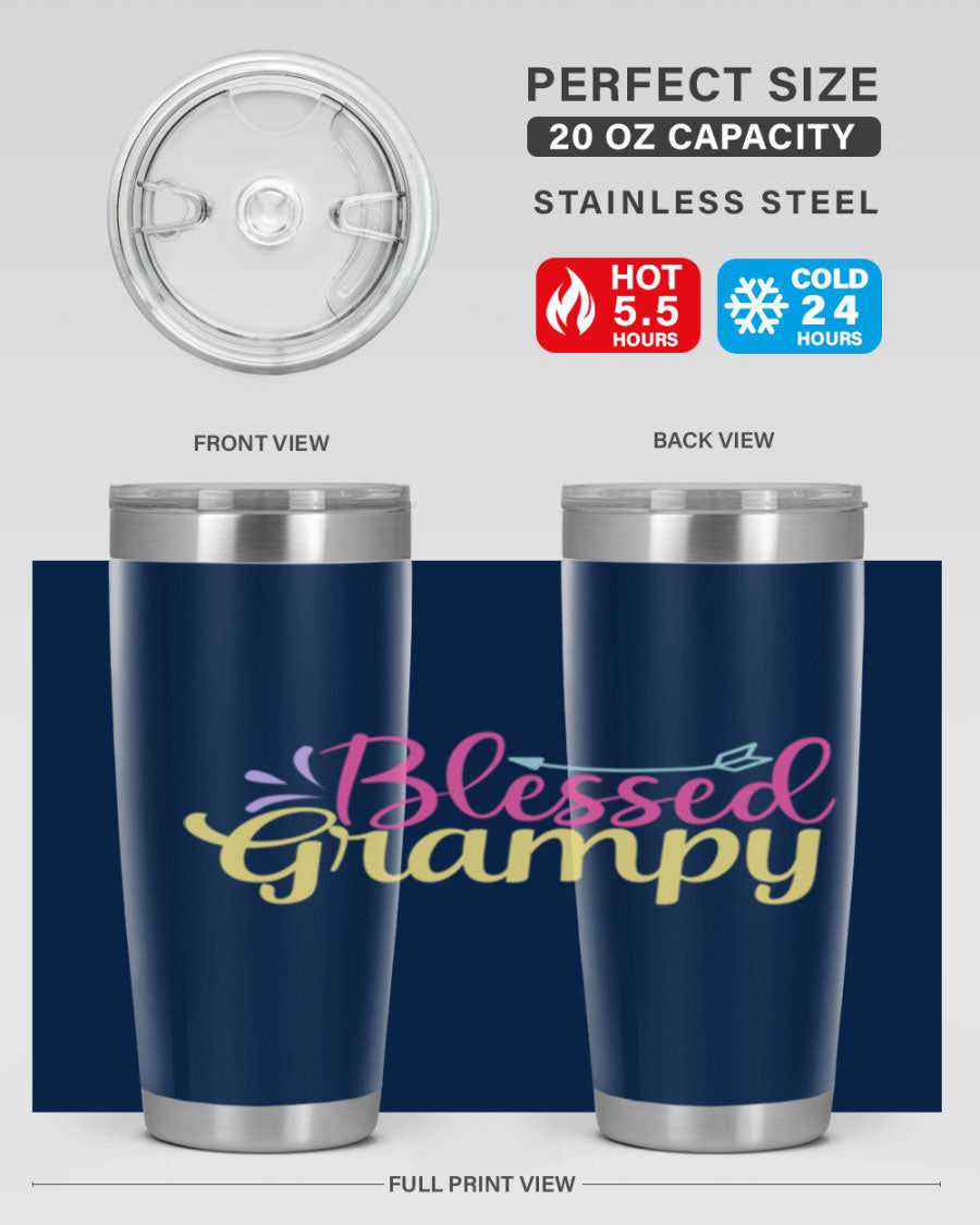 Blessed Grampy 20oz and 30oz tumblers featuring double wall vacuum stainless steel with copper lining, perfect for keeping drinks hot or cold.