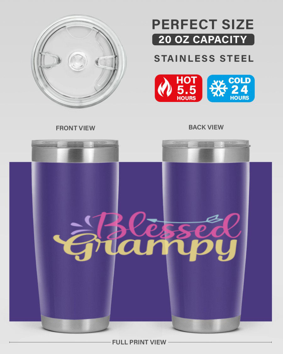 Blessed Grampy 20oz and 30oz tumblers featuring double wall vacuum stainless steel with copper lining, perfect for keeping drinks hot or cold.