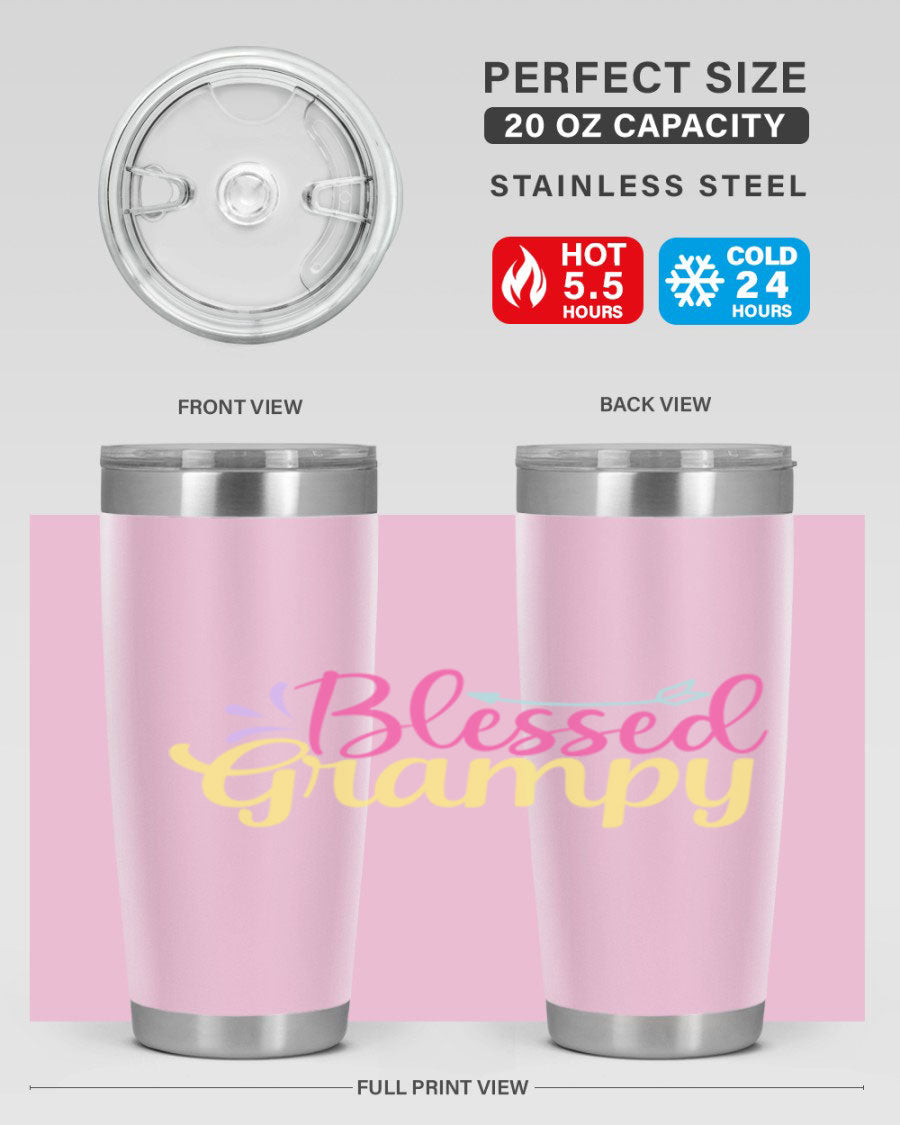 Blessed Grampy 20oz and 30oz tumblers featuring double wall vacuum stainless steel with copper lining, perfect for keeping drinks hot or cold.