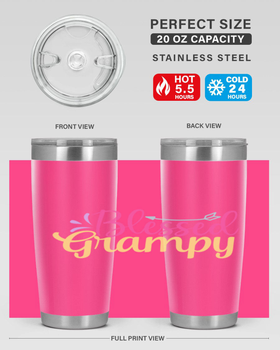 Blessed Grampy 20oz and 30oz tumblers featuring double wall vacuum stainless steel with copper lining, perfect for keeping drinks hot or cold.