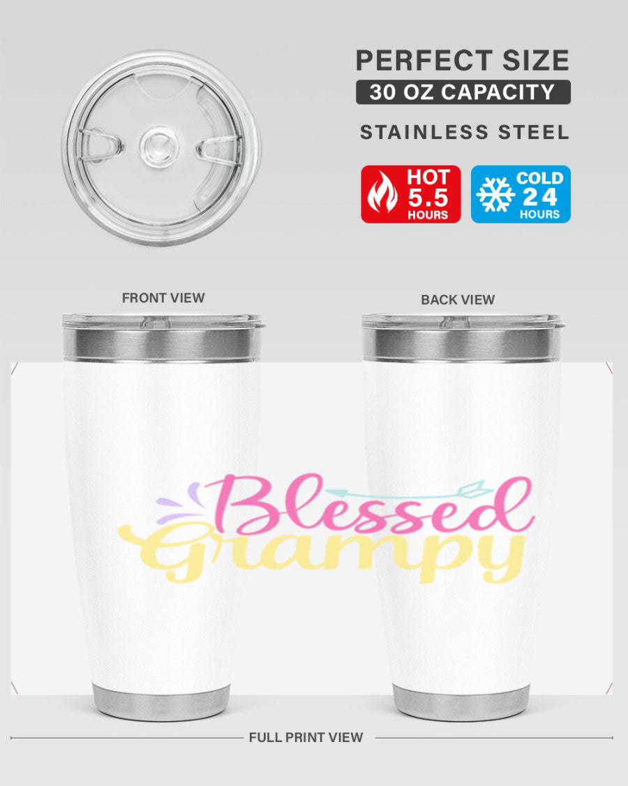 Blessed Grampy 20oz and 30oz tumblers featuring double wall vacuum stainless steel with copper lining, perfect for keeping drinks hot or cold.