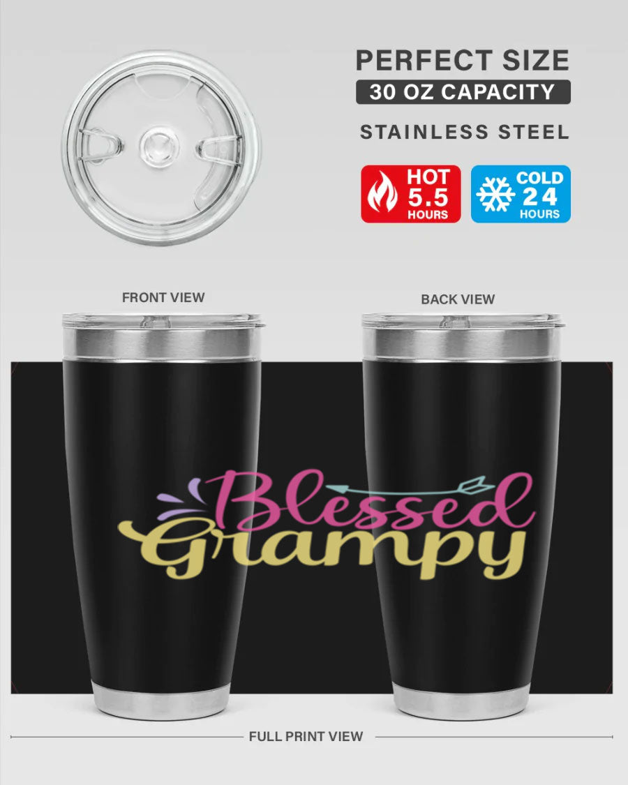 Blessed Grampy 20oz and 30oz tumblers featuring double wall vacuum stainless steel with copper lining, perfect for keeping drinks hot or cold.