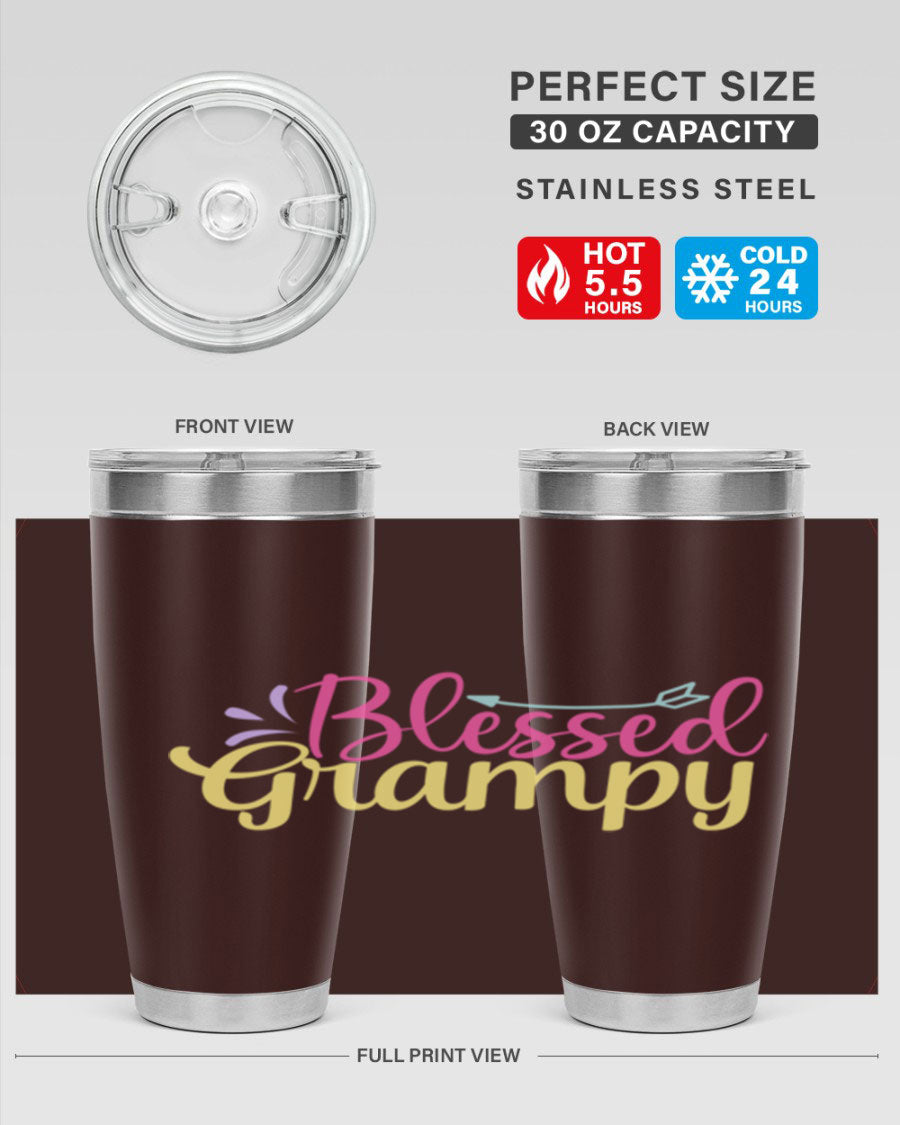 Blessed Grampy 20oz and 30oz tumblers featuring double wall vacuum stainless steel with copper lining, perfect for keeping drinks hot or cold.