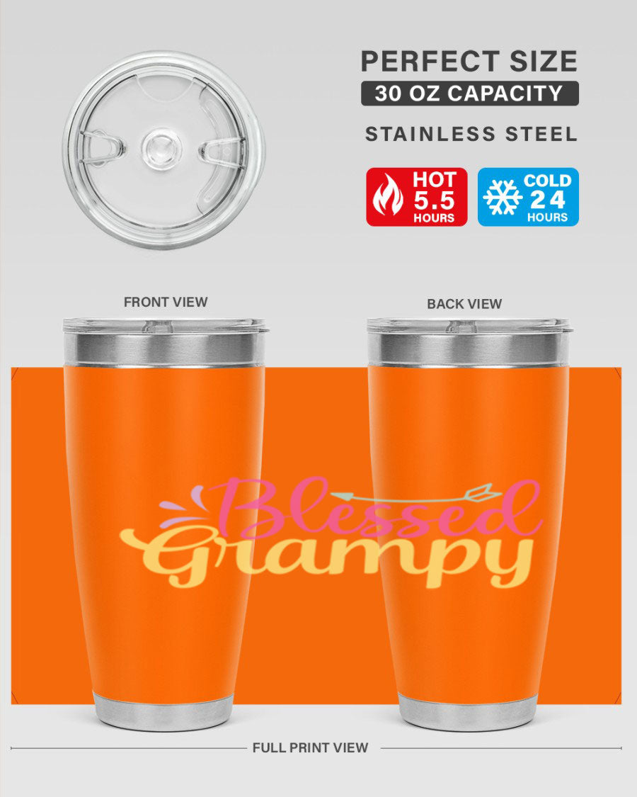 Blessed Grampy 20oz and 30oz tumblers featuring double wall vacuum stainless steel with copper lining, perfect for keeping drinks hot or cold.