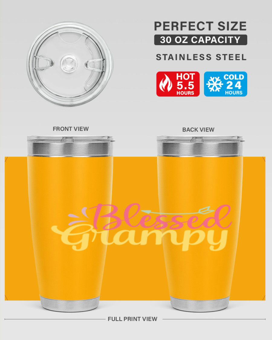 Blessed Grampy 20oz and 30oz tumblers featuring double wall vacuum stainless steel with copper lining, perfect for keeping drinks hot or cold.