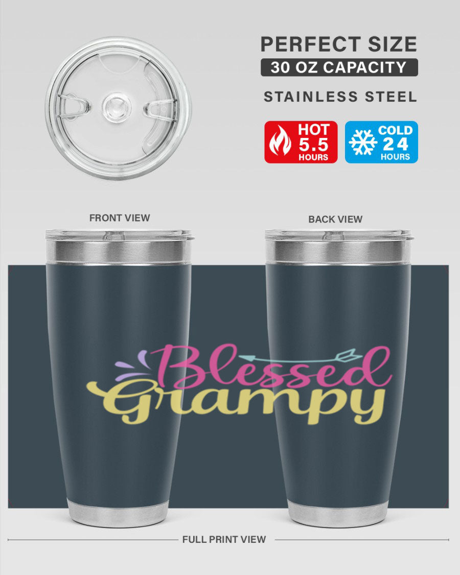 Blessed Grampy 20oz and 30oz tumblers featuring double wall vacuum stainless steel with copper lining, perfect for keeping drinks hot or cold.