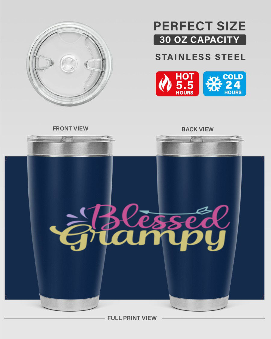 Blessed Grampy 20oz and 30oz tumblers featuring double wall vacuum stainless steel with copper lining, perfect for keeping drinks hot or cold.