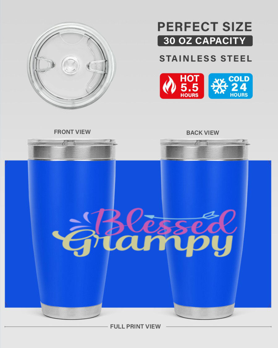 Blessed Grampy 20oz and 30oz tumblers featuring double wall vacuum stainless steel with copper lining, perfect for keeping drinks hot or cold.