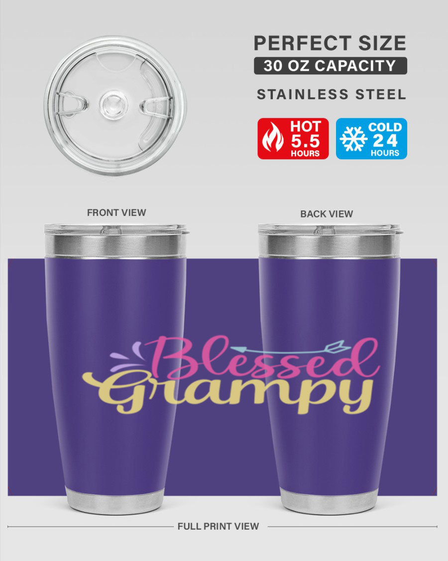 Blessed Grampy 20oz and 30oz tumblers featuring double wall vacuum stainless steel with copper lining, perfect for keeping drinks hot or cold.