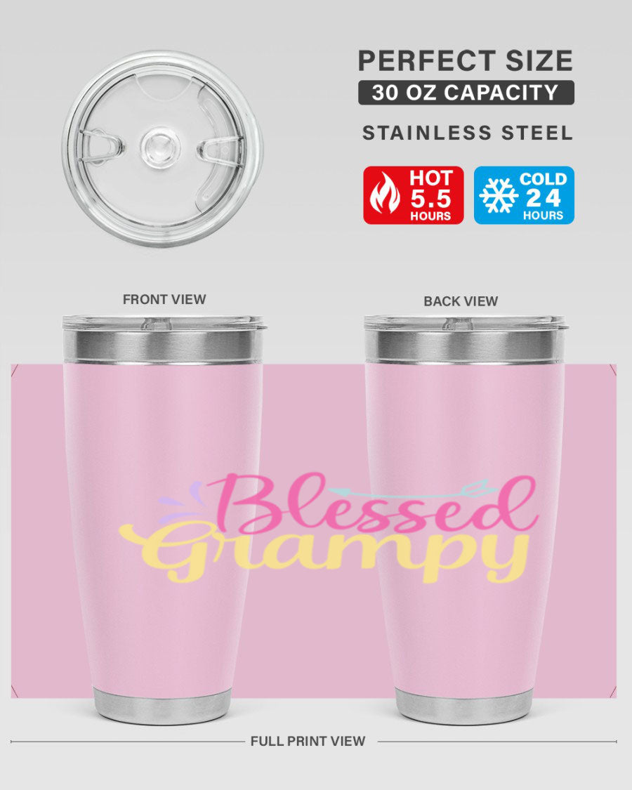 Blessed Grampy 20oz and 30oz tumblers featuring double wall vacuum stainless steel with copper lining, perfect for keeping drinks hot or cold.