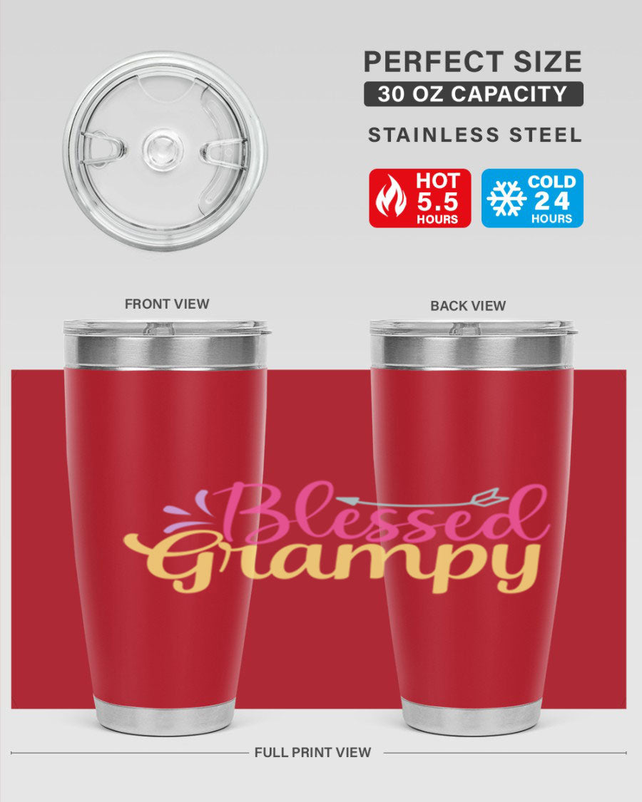 Blessed Grampy 20oz and 30oz tumblers featuring double wall vacuum stainless steel with copper lining, perfect for keeping drinks hot or cold.