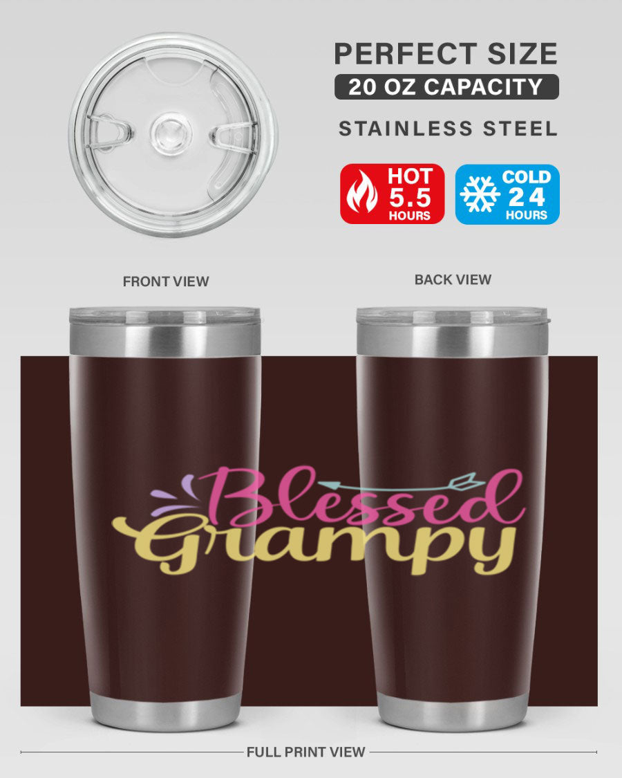 Blessed Grampy 20oz and 30oz tumblers featuring double wall vacuum stainless steel with copper lining, perfect for keeping drinks hot or cold.