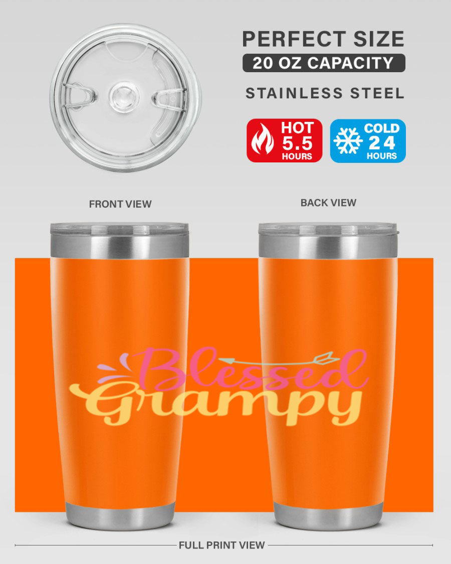 Blessed Grampy 20oz and 30oz tumblers featuring double wall vacuum stainless steel with copper lining, perfect for keeping drinks hot or cold.