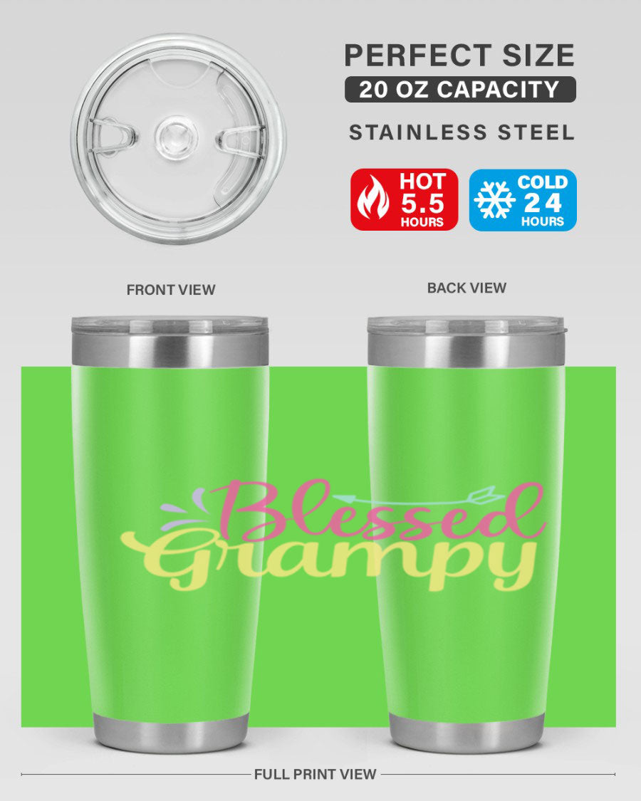 Blessed Grampy 20oz and 30oz tumblers featuring double wall vacuum stainless steel with copper lining, perfect for keeping drinks hot or cold.