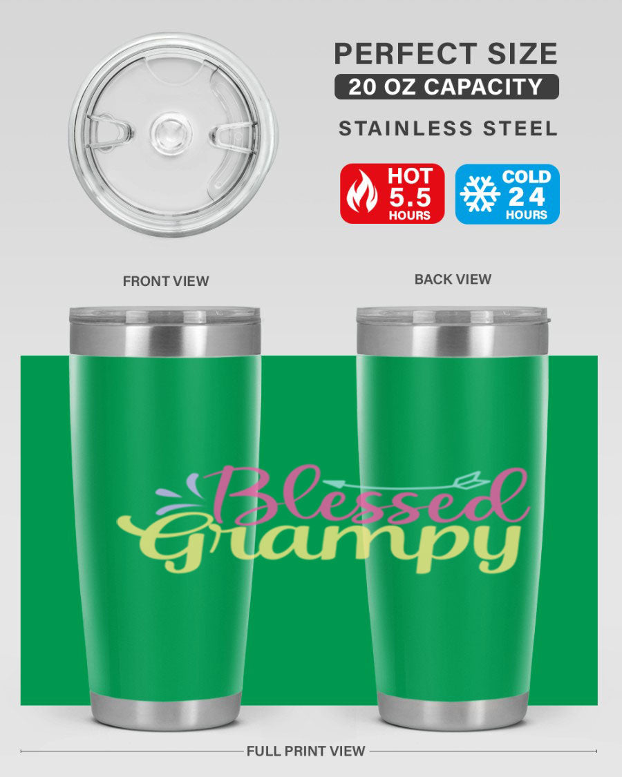 Blessed Grampy 20oz and 30oz tumblers featuring double wall vacuum stainless steel with copper lining, perfect for keeping drinks hot or cold.