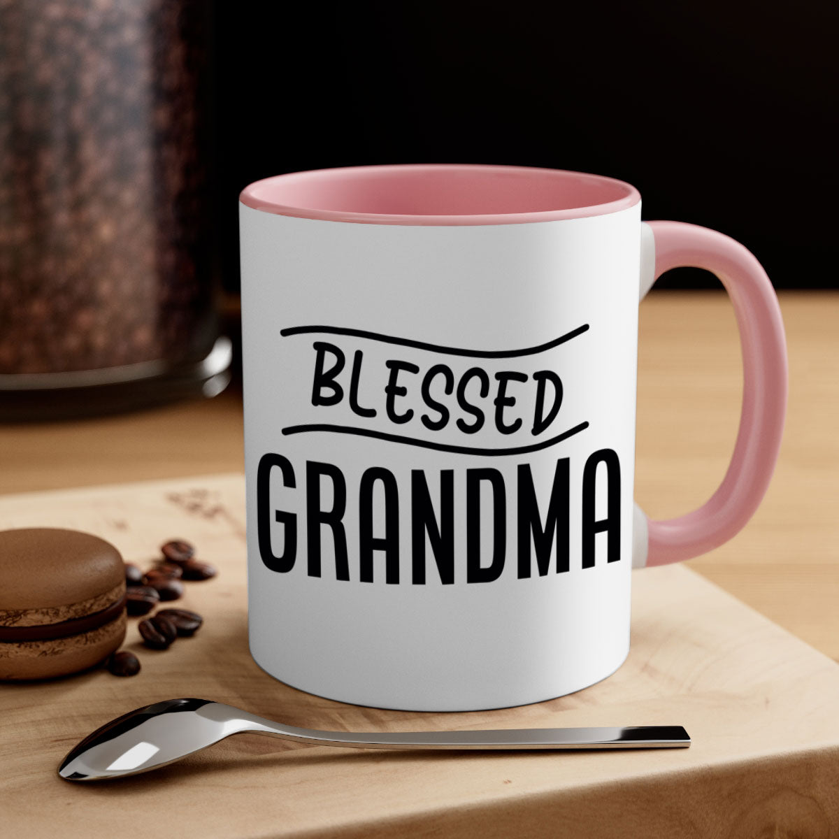 A two-tone Blessed Grandma Mug with a glossy finish, featuring a colored handle and interior, available in multiple colors.