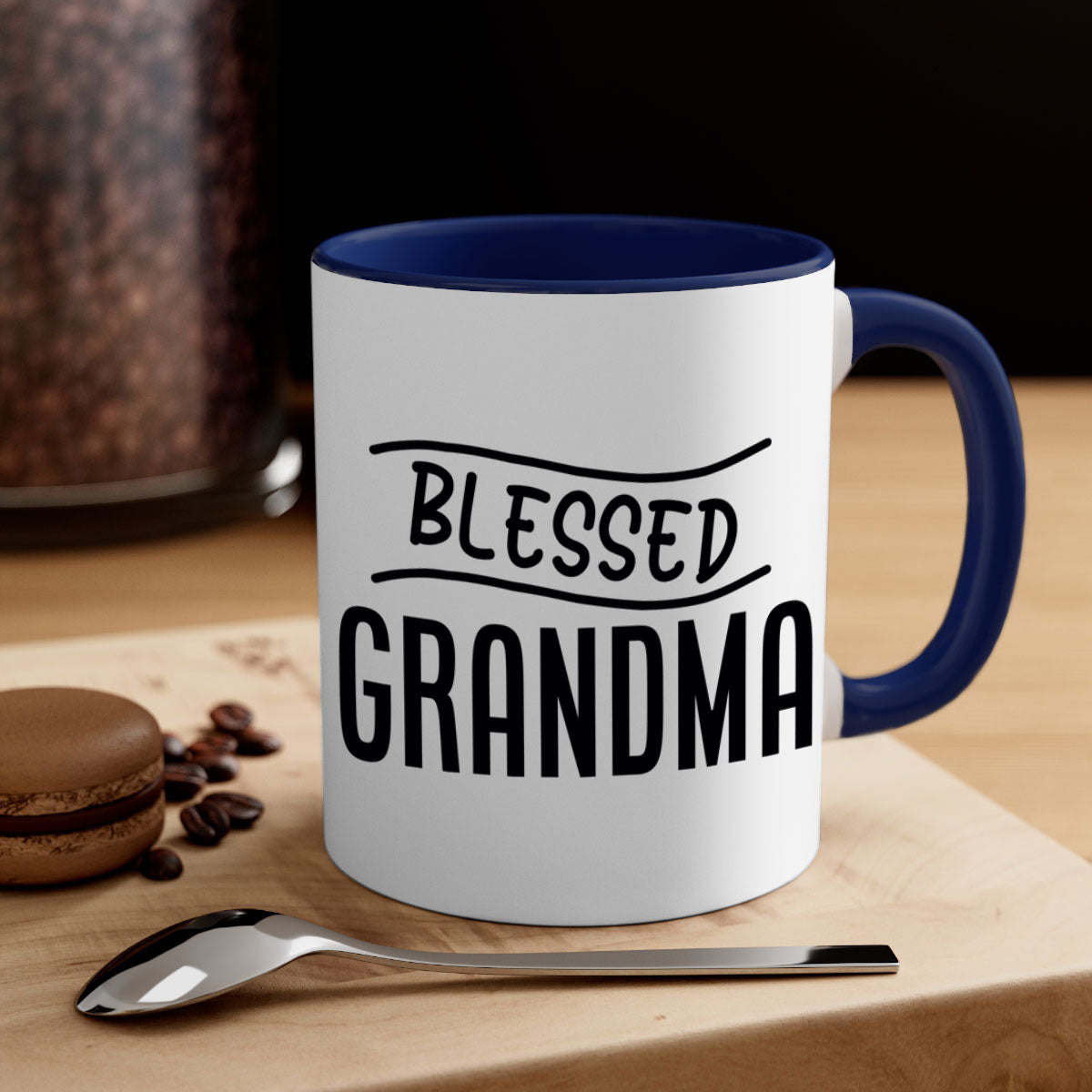 A two-tone Blessed Grandma Mug with a glossy finish, featuring a colored handle and interior, available in multiple colors.