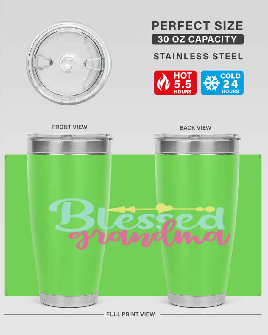 Blessed Grandma Tumbler in stainless steel with a vibrant print, showcasing its double wall vacuum design and drink-thru lid.