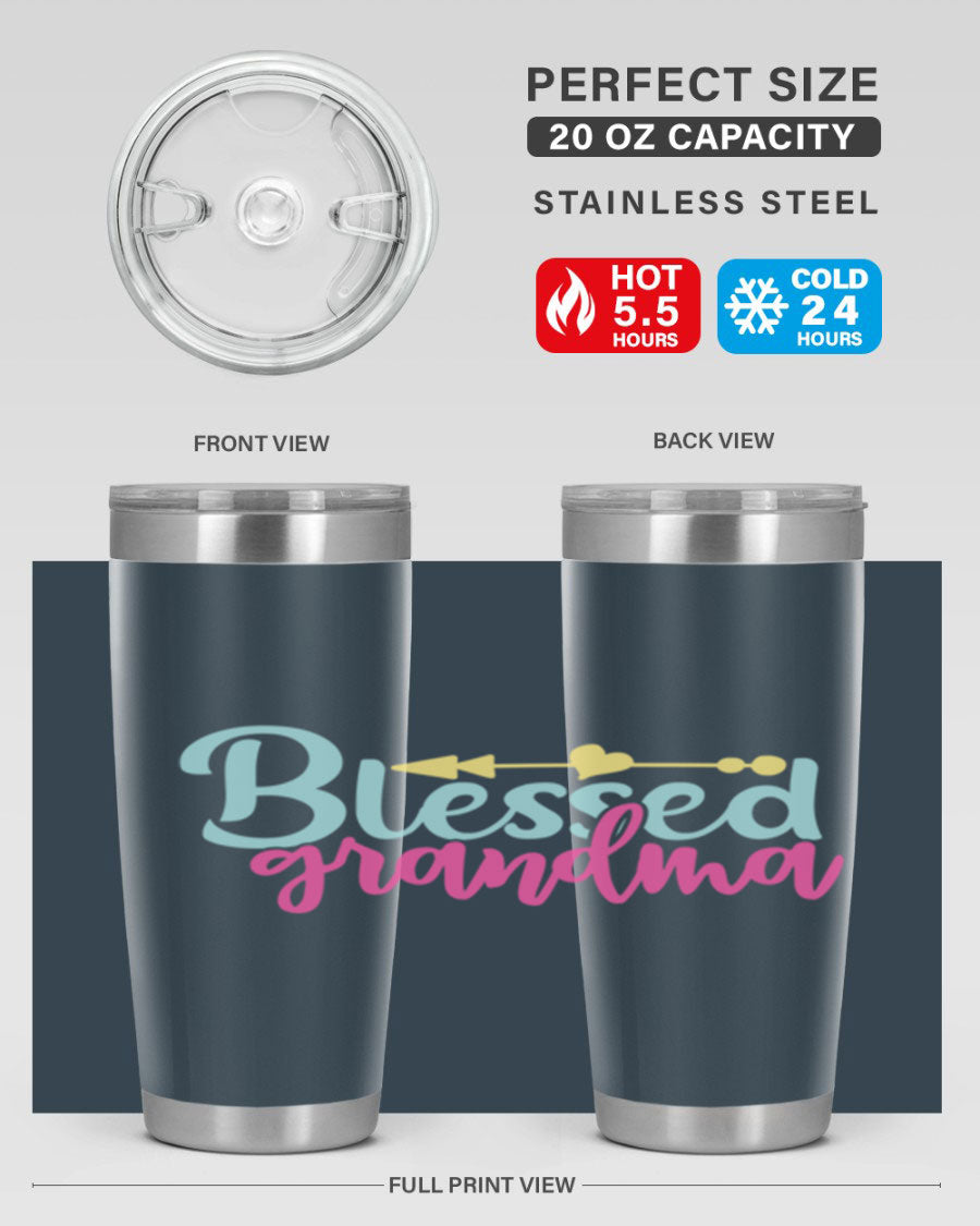 Blessed Grandma Tumbler in stainless steel with a vibrant print, showcasing its double wall vacuum design and drink-thru lid.