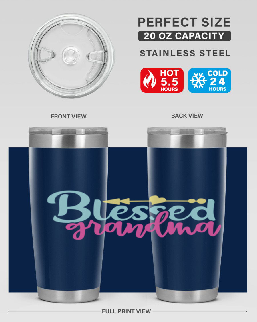 Blessed Grandma Tumbler in stainless steel with a vibrant print, showcasing its double wall vacuum design and drink-thru lid.