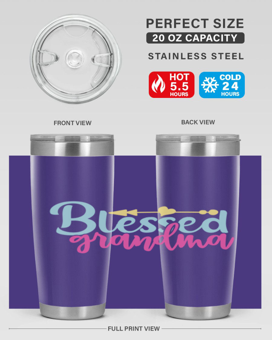 Blessed Grandma Tumbler in stainless steel with a vibrant print, showcasing its double wall vacuum design and drink-thru lid.