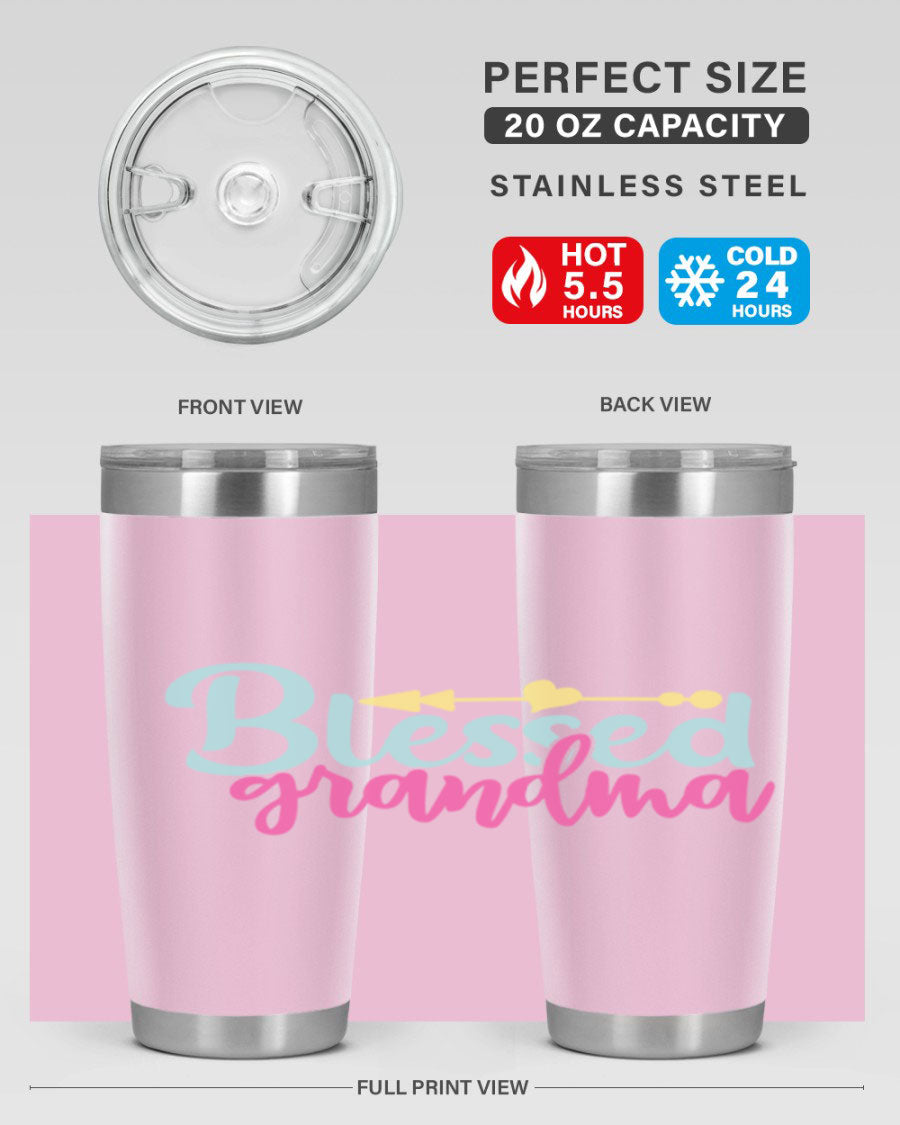 Blessed Grandma Tumbler in stainless steel with a vibrant print, showcasing its double wall vacuum design and drink-thru lid.