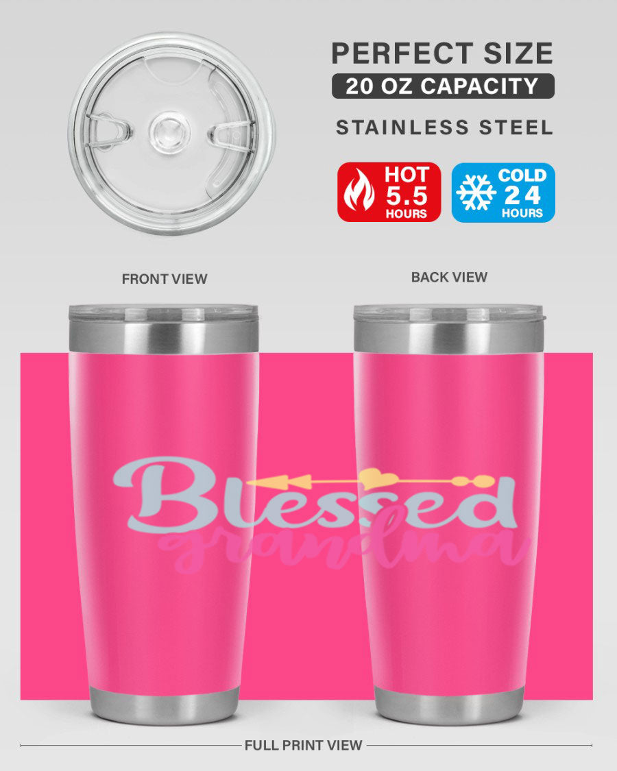 Blessed Grandma Tumbler in stainless steel with a vibrant print, showcasing its double wall vacuum design and drink-thru lid.