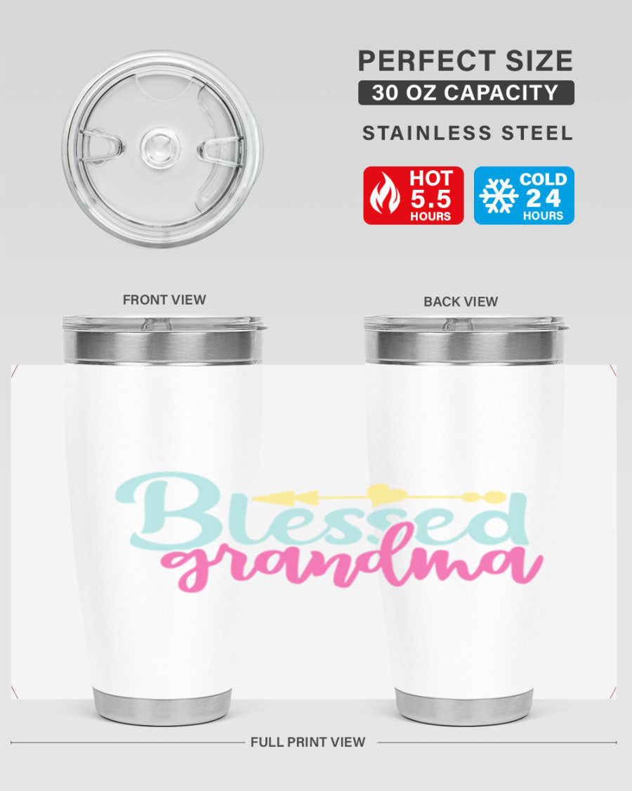 Blessed Grandma Tumbler in stainless steel with a vibrant print, showcasing its double wall vacuum design and drink-thru lid.