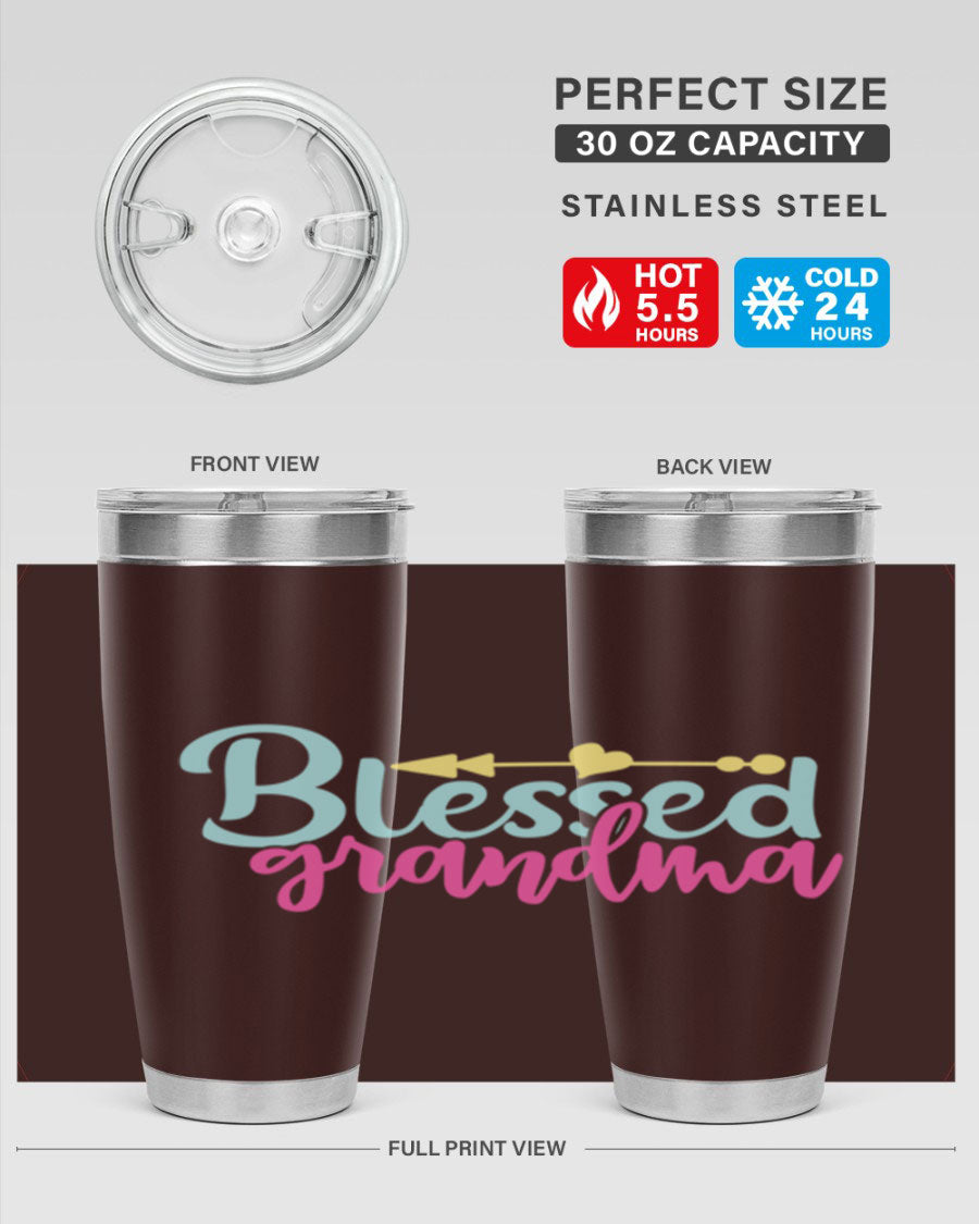 Blessed Grandma Tumbler in stainless steel with a vibrant print, showcasing its double wall vacuum design and drink-thru lid.