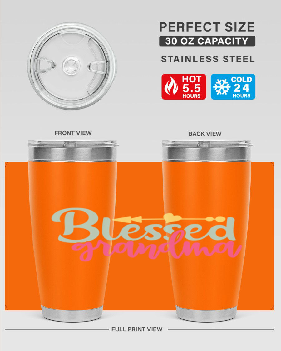 Blessed Grandma Tumbler in stainless steel with a vibrant print, showcasing its double wall vacuum design and drink-thru lid.