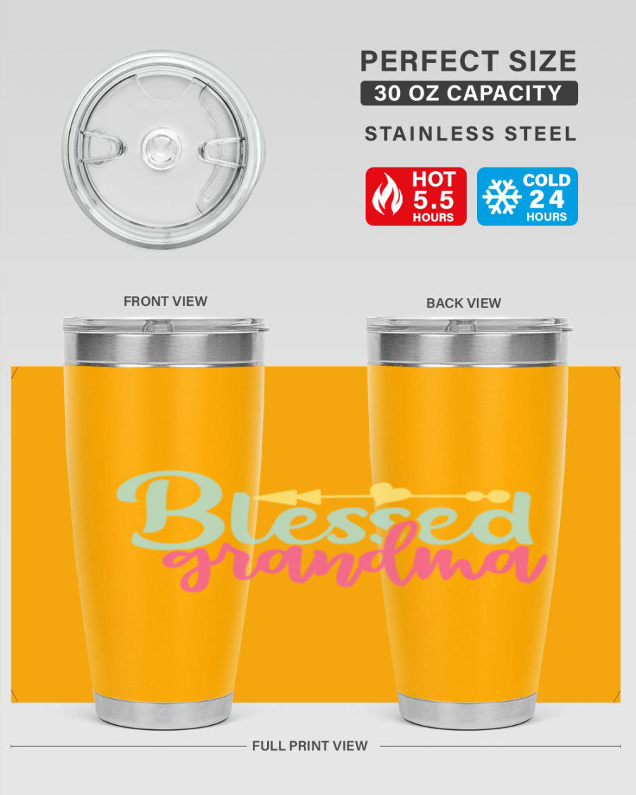 Blessed Grandma Tumbler in stainless steel with a vibrant print, showcasing its double wall vacuum design and drink-thru lid.