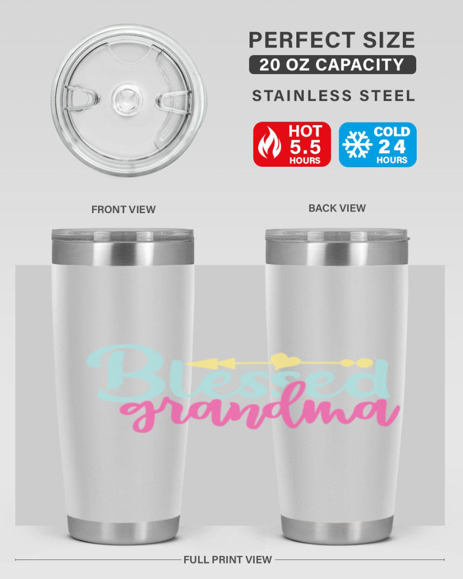 Blessed Grandma Tumbler in stainless steel with a vibrant print, showcasing its double wall vacuum design and drink-thru lid.