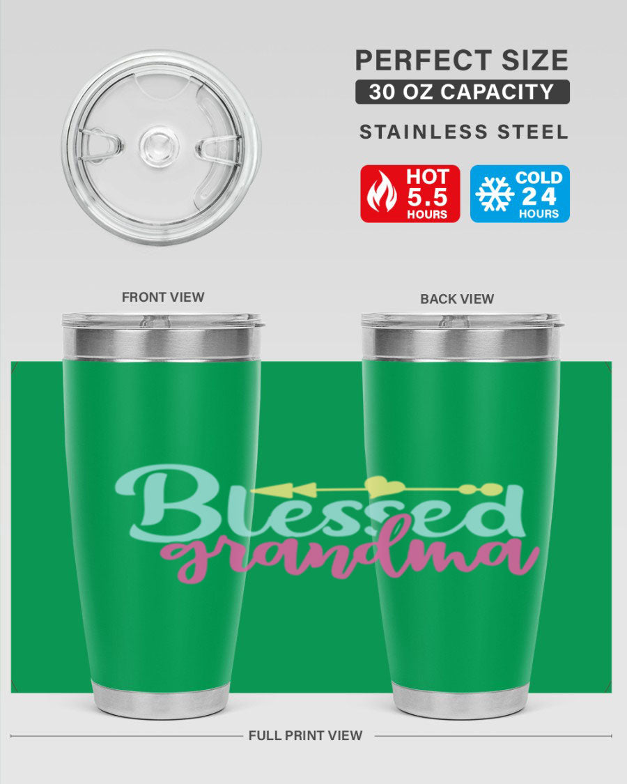 Blessed Grandma Tumbler in stainless steel with a vibrant print, showcasing its double wall vacuum design and drink-thru lid.