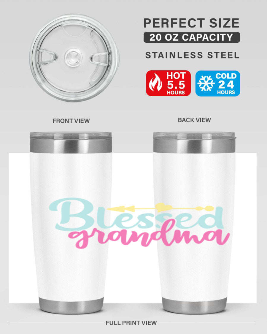 Blessed Grandma Tumbler in stainless steel with a vibrant print, showcasing its double wall vacuum design and drink-thru lid.